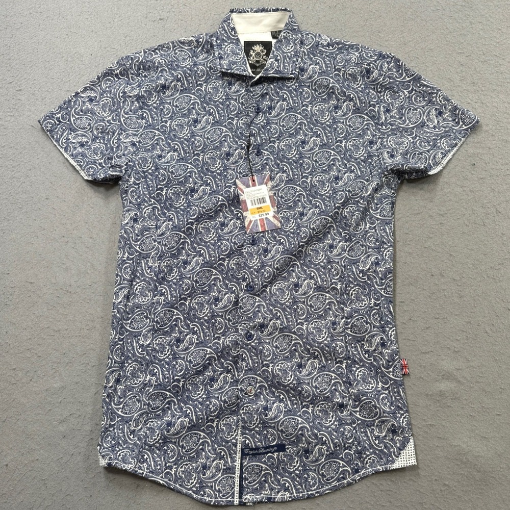 NEW English Laundry Shirt Men's Small Navy White Short Sleeve Button Down Cotton
